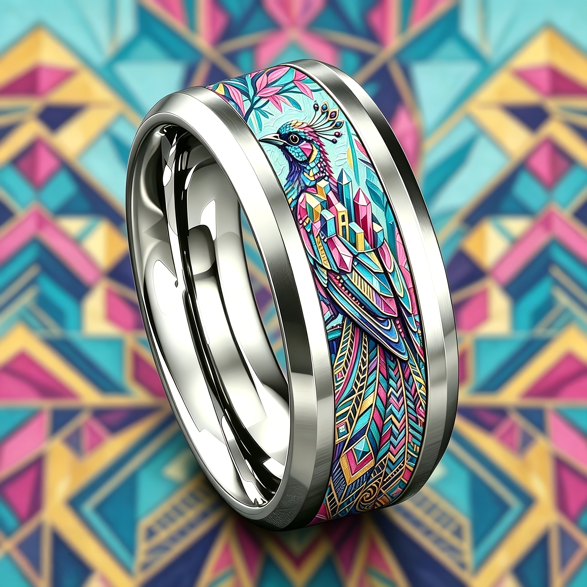 Men's Ethnic Iridescent Peacock Stainless Steel Ring